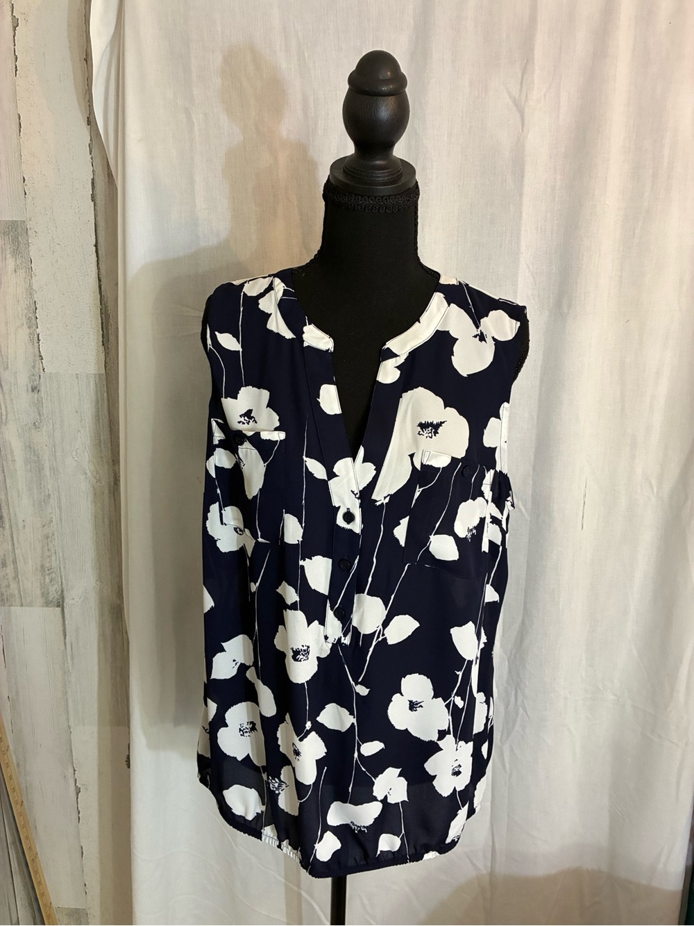 New York & Company Navy and White Floral V-Neck Sleeveless Blouse